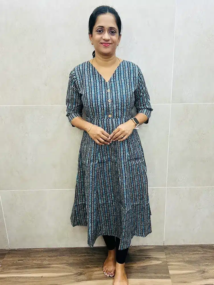 (Blue) Hand block printed soft cotton rayon (cotton lining)top with wooden buttons on yoke (Panel cut Anarkali)