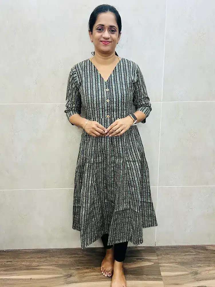 (Black) Hand block printed soft cotton rayon (cotton lining)top with wooden buttons on yoke (Panel cut Anarkali)