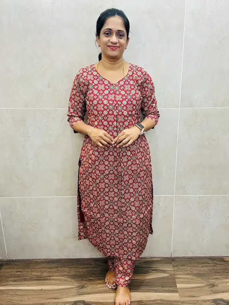 (Pattern 1- Brick red)Ajrakh printed Rayon top paired with printed rayon bottom (straight cut)