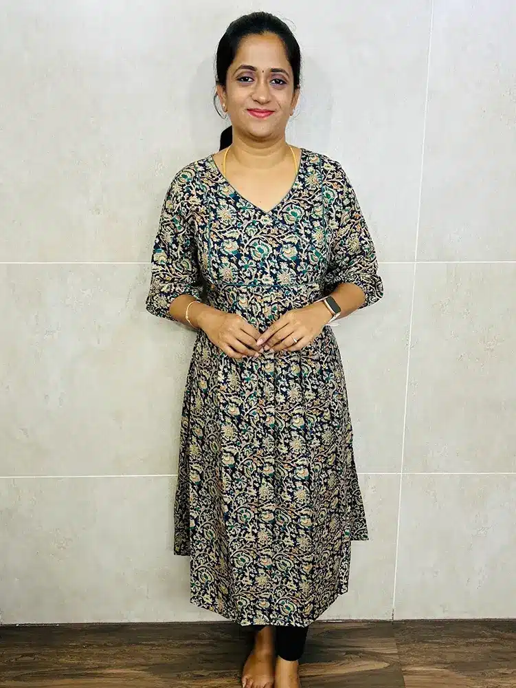 Indigo Blue - Kalamkari printed soft silk top with pleated pattern on yoke (Aline pattern)
