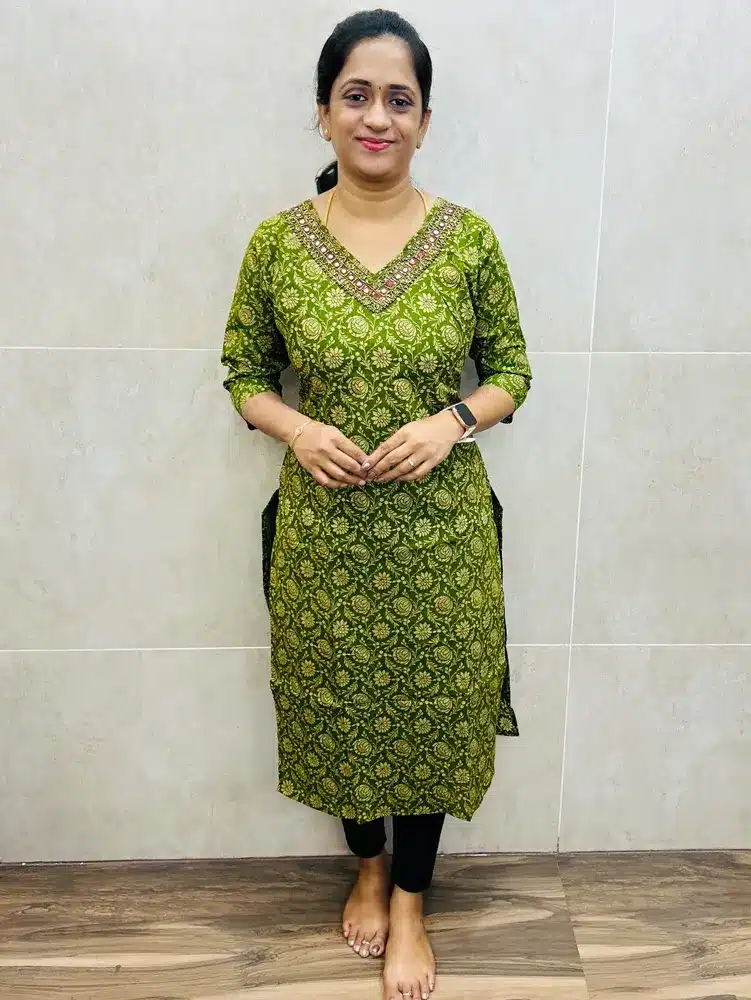 Parrot Green - Printed cotton top (cotton lining) with beautiful handworked yoke (straight cut)