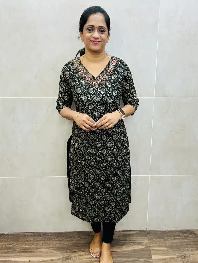 Black - Printed cotton top (cotton lining) with beautiful handworked yoke (straight cut)