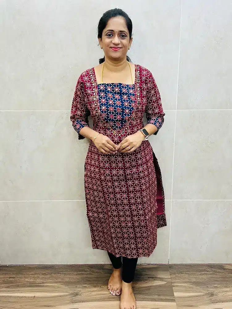 Maroon - Ajrakh cotton top (cotton lining) with heavy handworked yoke (straight cut)