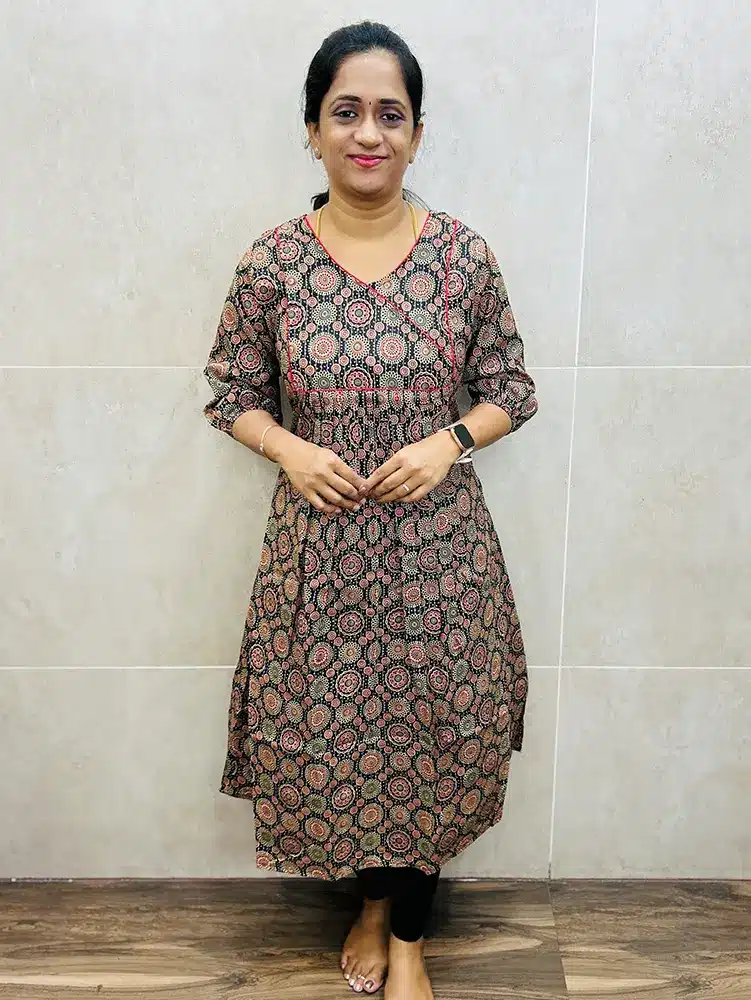 Ajrakh printed soft silk top (cotton lining) with pleated pattern (Aline pattern)