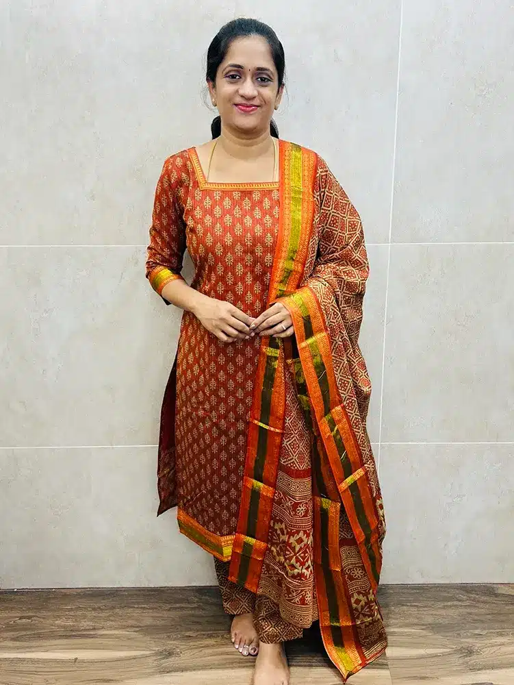 Pattern 1 - Handblock printed Mangalagiri cotton top (cotton lining) paired with printed Mangalagiri cotton dupatta and cotton bottom (straight cut)