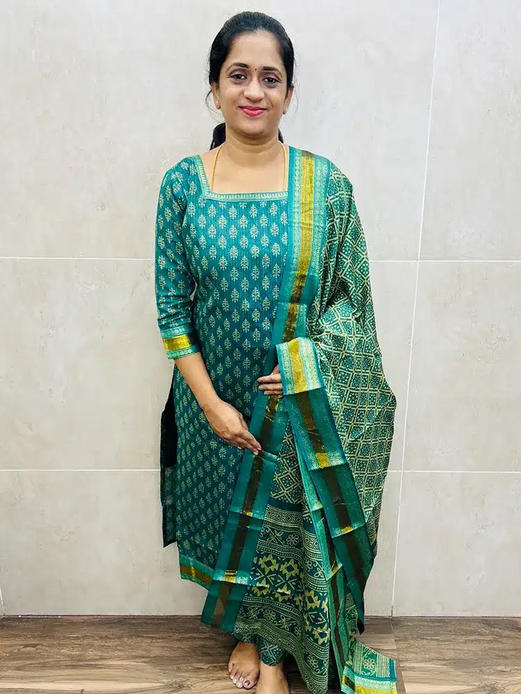 Pattern 1 - Rama green -Handblock printed Mangalagiri cotton top (cotton lining) paired with printed Mangalagiri cotton dupatta and cotton bottom (straight cut)