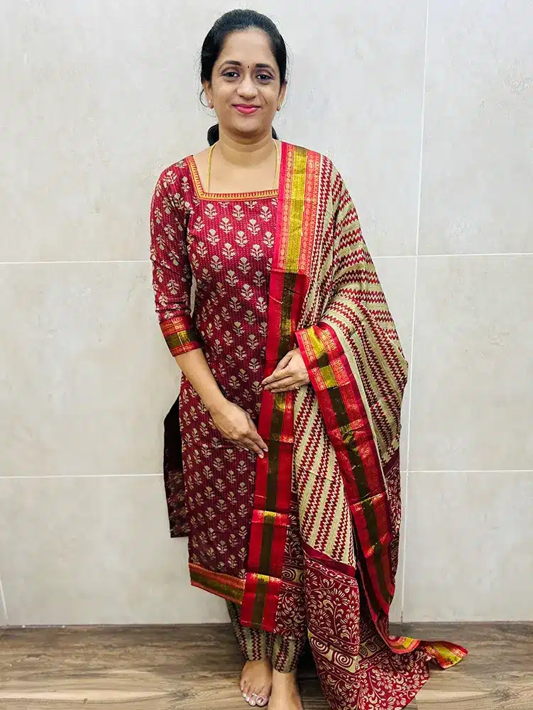 Pattern 2 - Handblock printed Mangalagiri cotton top (cotton lining) paired with printed Mangalagiri cotton dupatta and cotton bottom (straight cut)