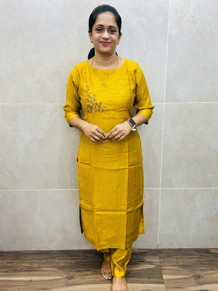 Mustard Yellow - Premium silk cotton top (crepe lining) with allover jacquard weaving and handworked yoke paired with soft silk bottom (straight cut)