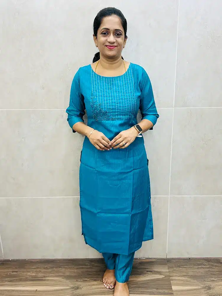 Anandha Blue - Premium silk cotton top (crepe lining) with allover jacquard weaving and handworked yoke paired with soft silk bottom (straight cut)