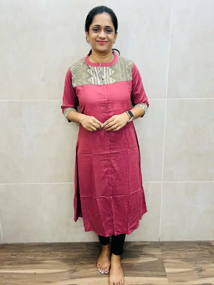 Mauve pink - Imported stretchable Rayon top (crepe lining) with textured Rayon patchwork on yoke and all over fancy buttons (Aline pattern)