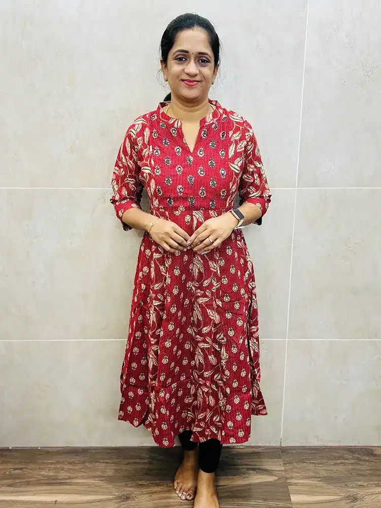 (Brick red)Printed Kantha cotton top (cotton lining) with handworked yoke (Panel cut Anarkali)