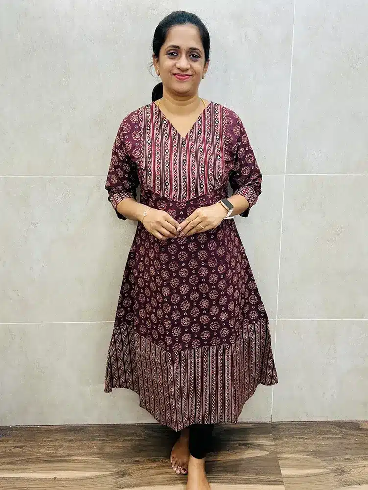 Maroon - Ajrakh printed cotton top (cotton lining) with mirrorworked yoke (Aline Anarkali pattern)