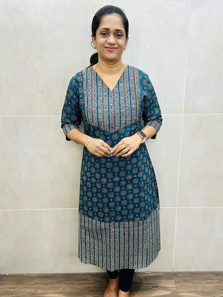 Blue - Ajrakh printed cotton top (cotton lining) with mirrorworked yoke (Aline Anarkali pattern)