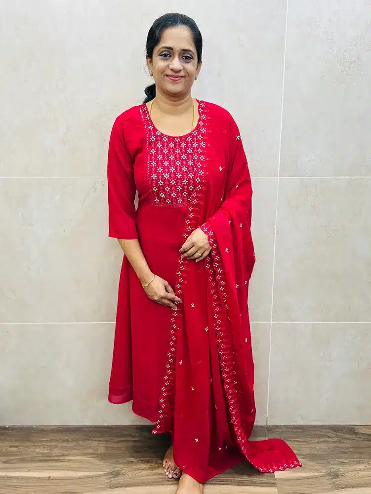 Rani pink - Georgette top (crepe lining) with embroidered yoke paired with embroidered Georgette dupatta and silk bottom (straight cut)