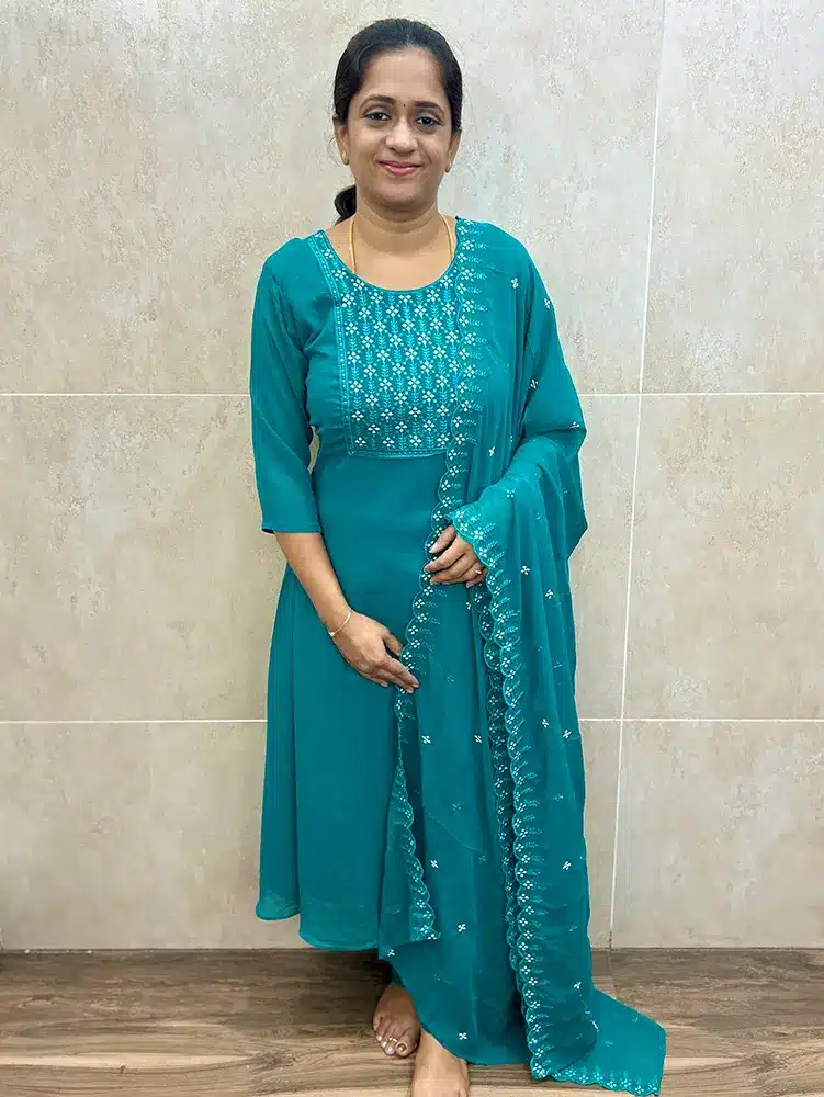 Rama Blue - Georgette top (crepe lining) with embroidered yoke paired with embroidered Georgette dupatta and silk bottom (straight cut)