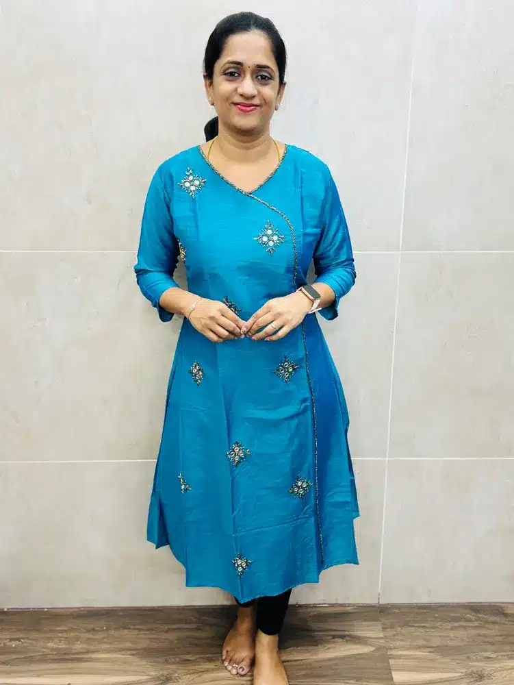 (Double toned Anandha blue)Premium silk cotton top(cotton lining) with exclusive handwork allover the top(Aline pattern)