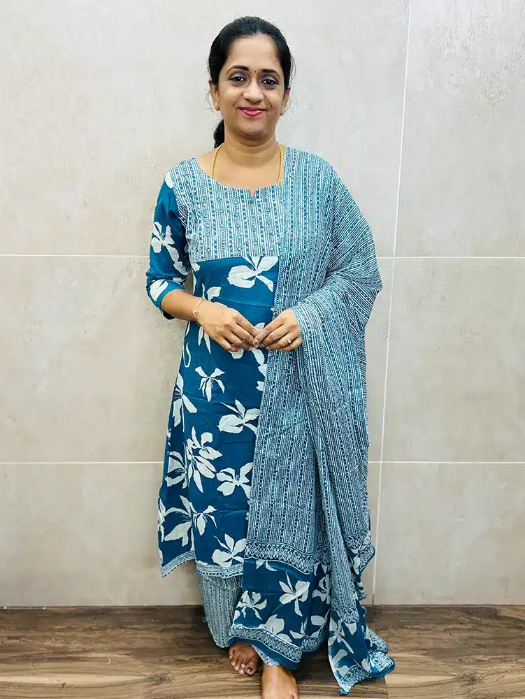 Rama Blue - Printed Jaipur cotton top (Aline) with handworked yoke paired with printed cotton dupatta and cotton bottom (semi palazzo)