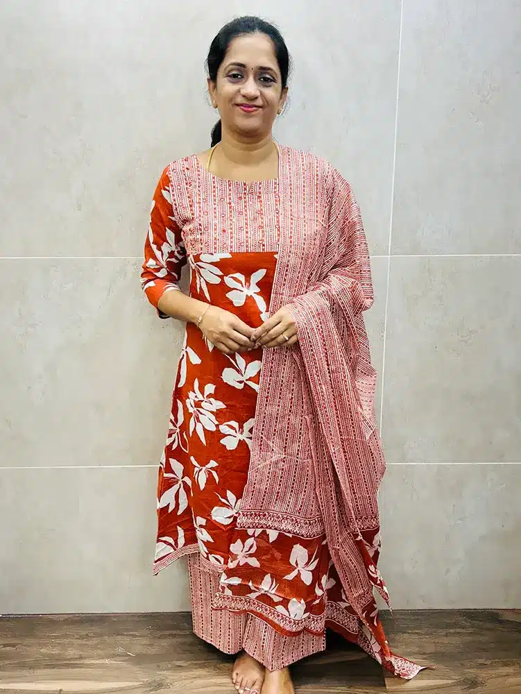 Printed Jaipur cotton top (Aline) with handworked yoke paired with printed cotton dupatta and cotton bottom (semi palazzo)