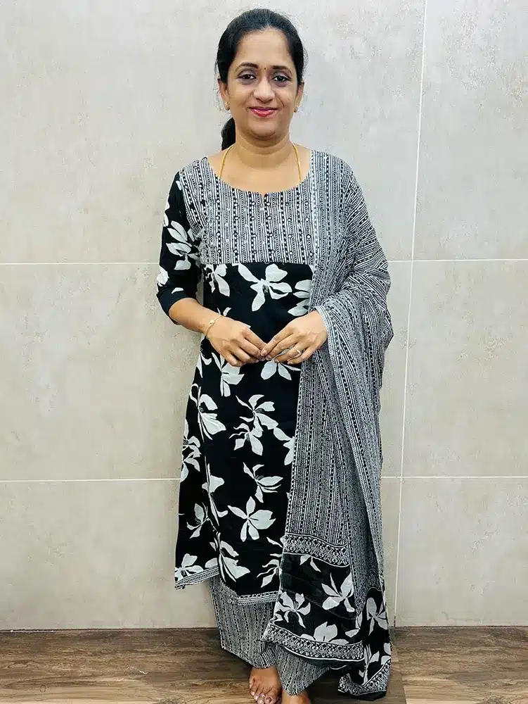 Black - Printed Jaipur cotton top (Aline) with handworked yoke paired with printed cotton dupatta and cotton bottom (semi palazzo)