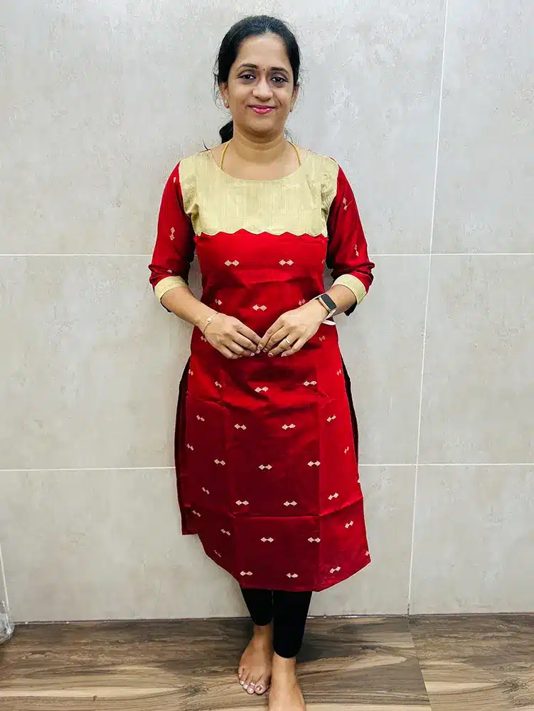 Red - Premium silk cotton top (cotton lining) with all over thread woven buttas (straight cut)
