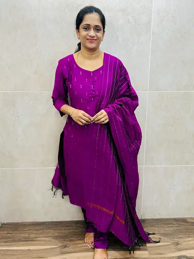 Majentha Pink - Premium semi raw silk top (cotton lining) with all over zari buttas paired with semi raw silk dupatta and silk cotton bottom (semi palazzo)