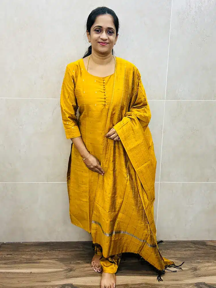 Premium semi raw silk top (cotton lining) with all over zari buttas paired with semi raw silk dupatta and silk cotton bottom (semi palazzo)