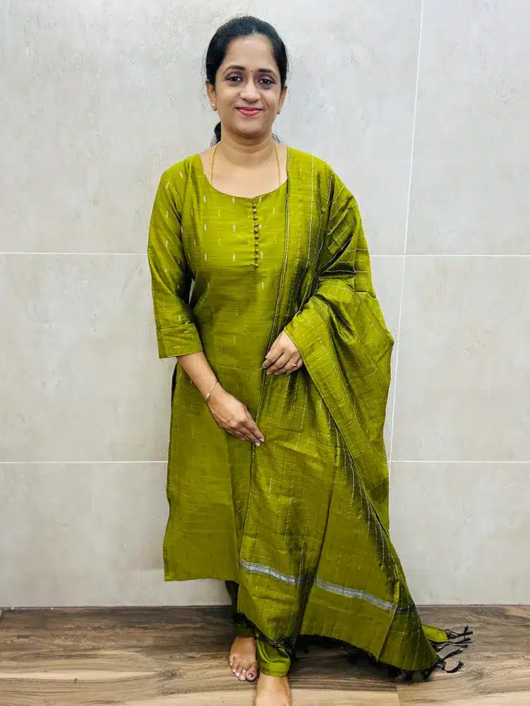 Premium semi raw silk top (cotton lining) with all over zari buttas paired with semi raw silk dupatta and silk cotton bottom (semi palazzo)