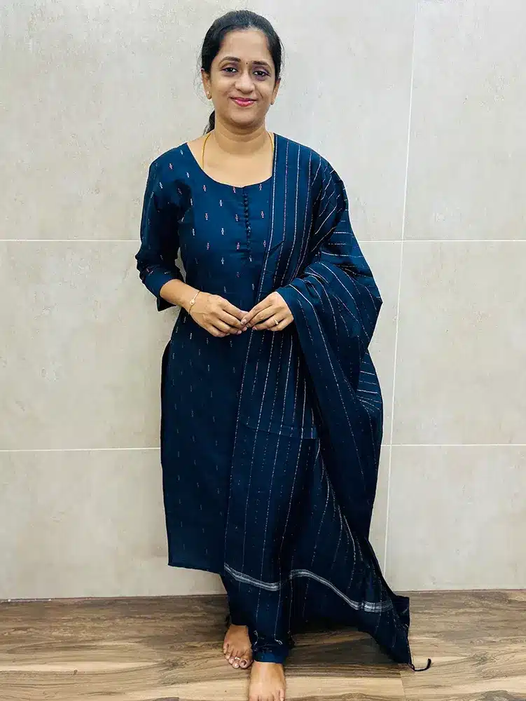 (Top and dupatta only) Navy Blue - Premium semi raw silk top (cotton lining) with all over zari buttas paired with semi raw silk dupatta