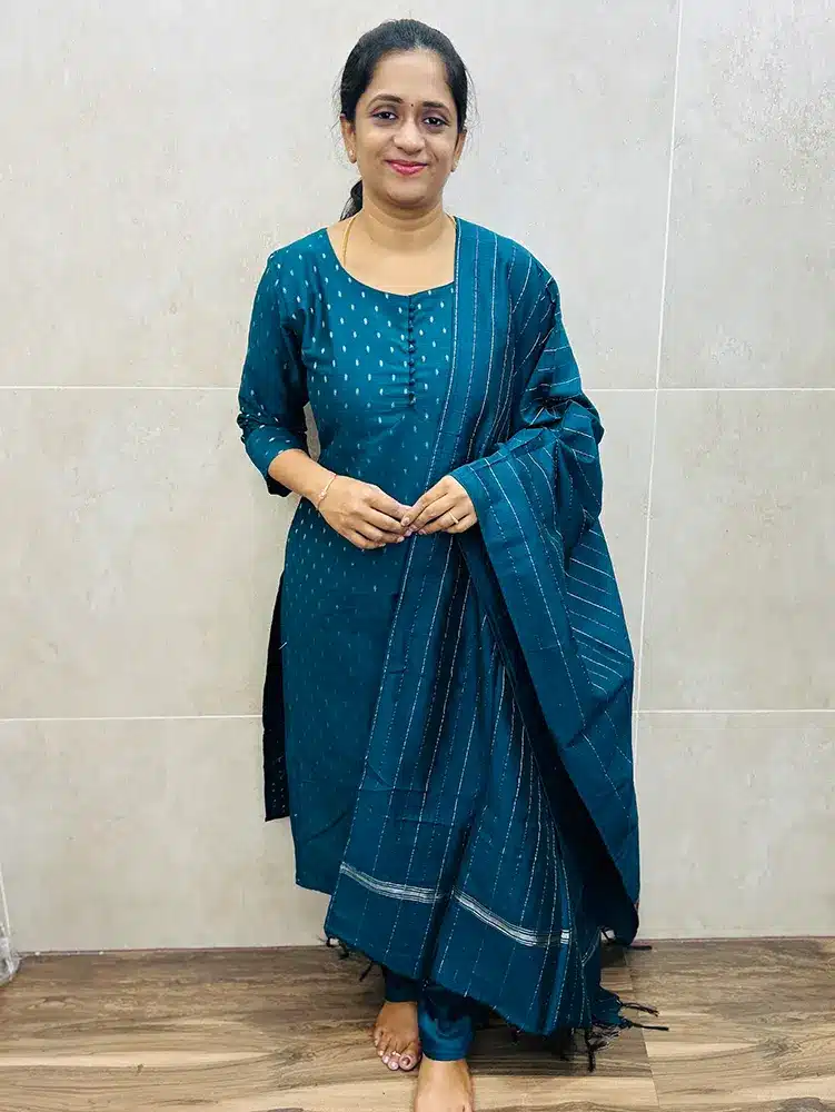 Peacock Green - Premium semi raw silk top (cotton lining) with all over zari buttas paired with semi raw silk dupatta and silk cotton bottom (semi palazzo)