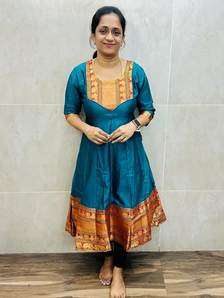 Rama Green - Soft silk cotton top (crepe lining) with zari patch work on yoke (Anarkali pattern)