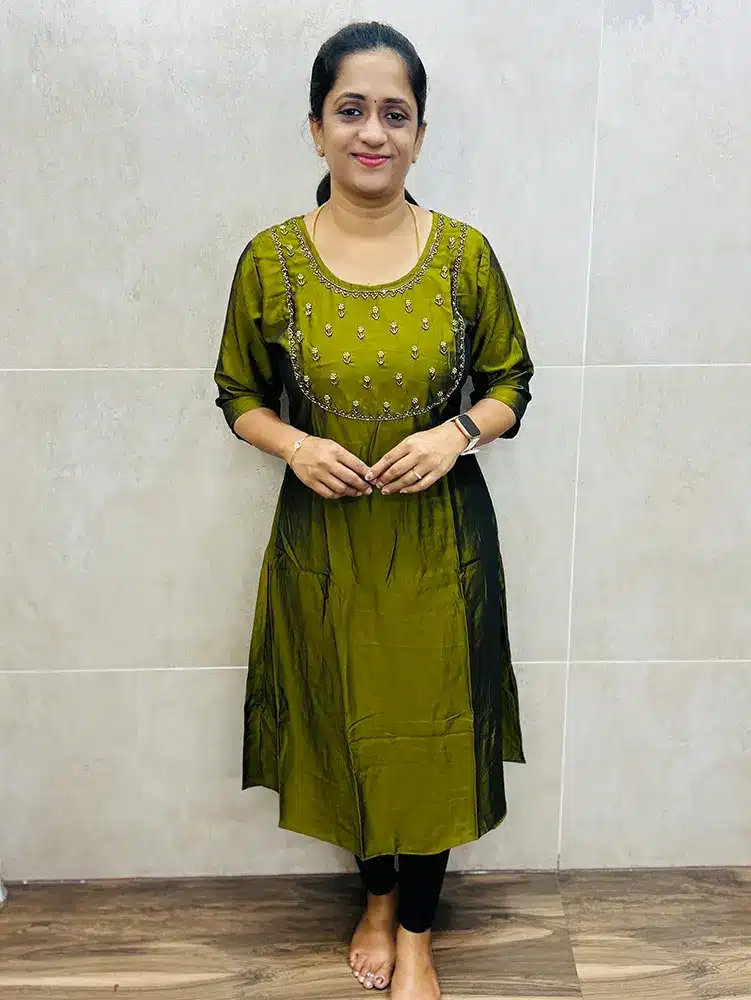 Mehandi Green - Soft silk top (crepe lining) with beautiful handwork on yoke (Aline pattern)