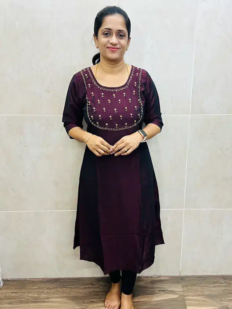 Brownish maroon - Soft silk top (crepe lining) with beautiful handwork on yoke (Aline pattern)