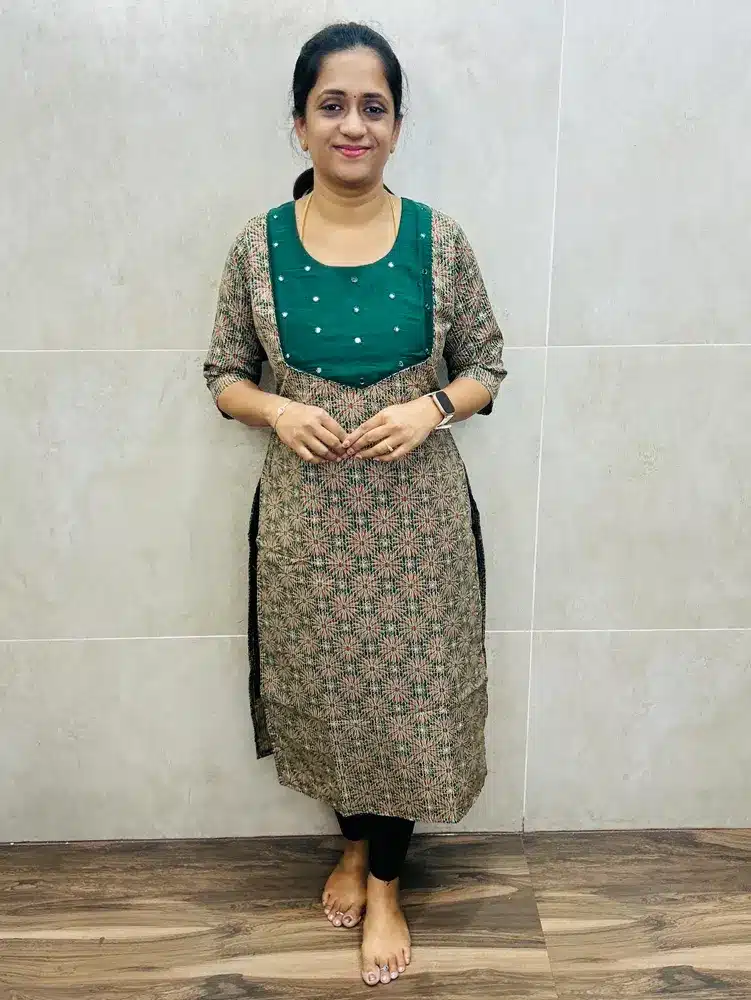 (Pattern 2-Green)Handblock printed kantha cotton top(cotton lining) with mirrorworked yoke(straight cut)