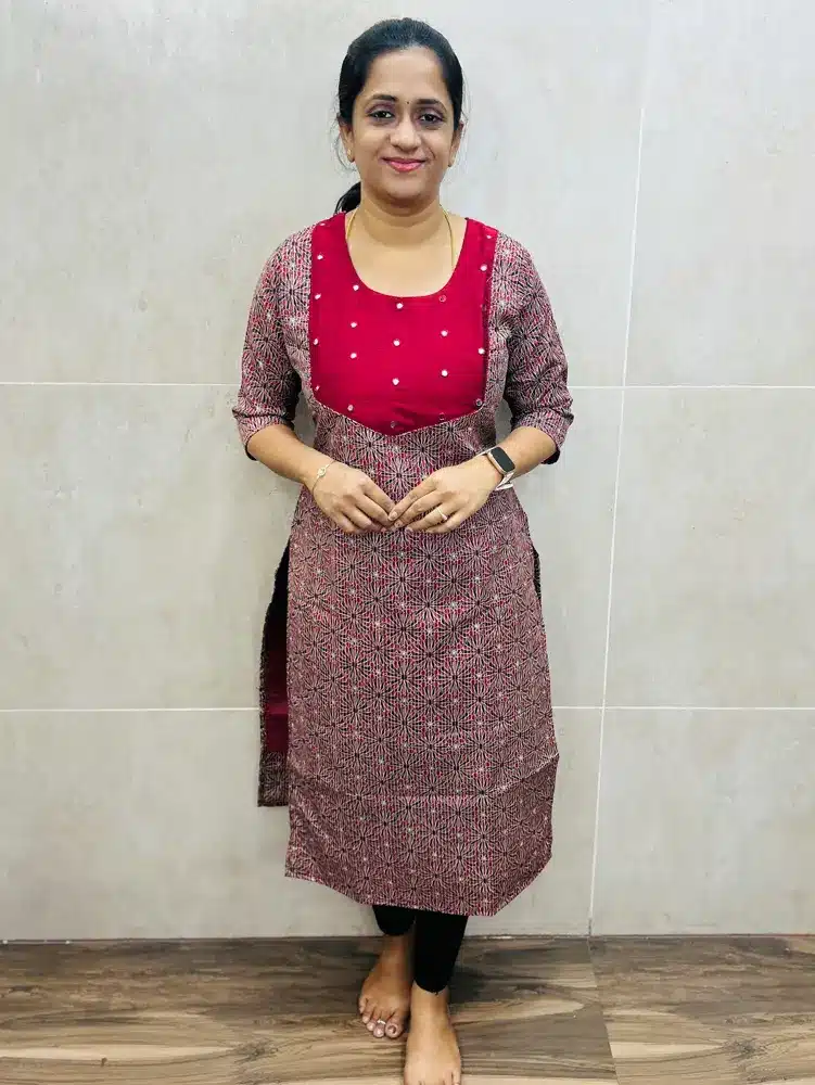 (Pattern 2-Red)Handblock printed kantha cotton top(cotton lining) with mirrorworked yoke(straight cut)