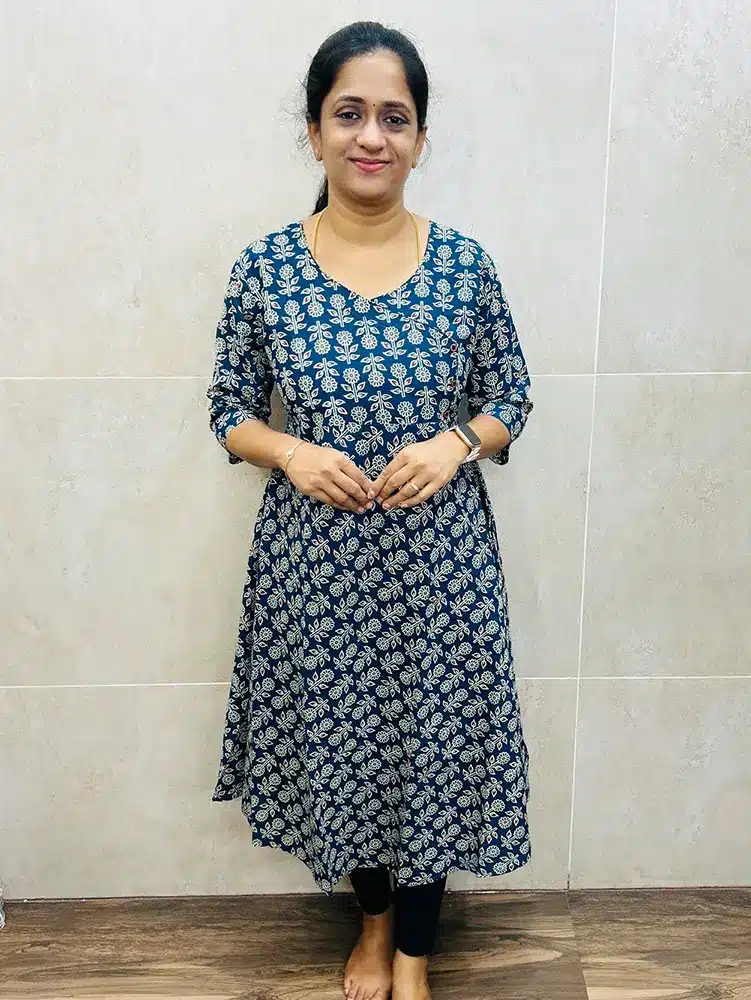 Handblock printed Jaipur cotton top (cotton lining) with fancy buttons on yoke (Full flare Anarkali)