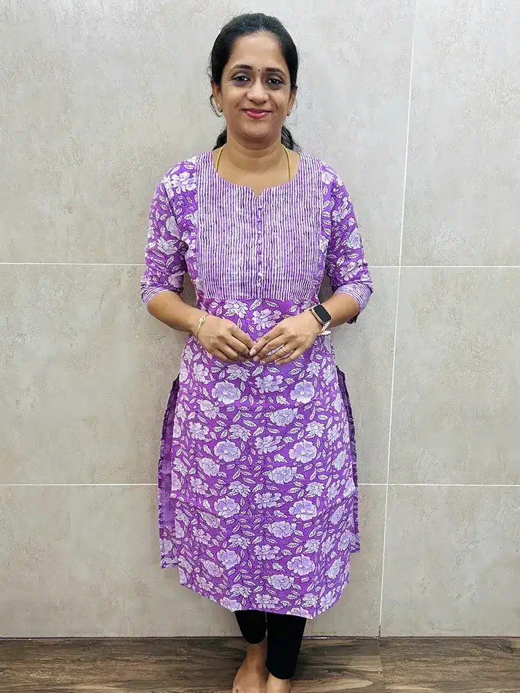 Printed Jaipur cotton top (cotton lining) with Potli work on yoke (straight cut)