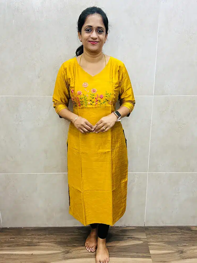 Premium silk cotton top (cotton lining) with exclusive machine embroidery work in yoke and sleeves (straight cut)