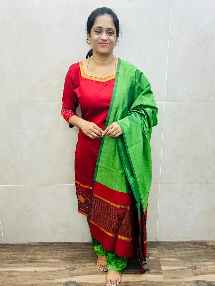 Kum kum Red - Premium Pochampally handloom silk cotton top (cotton lining) paired with silk cotton dupatta and silk bottom (straight cut)