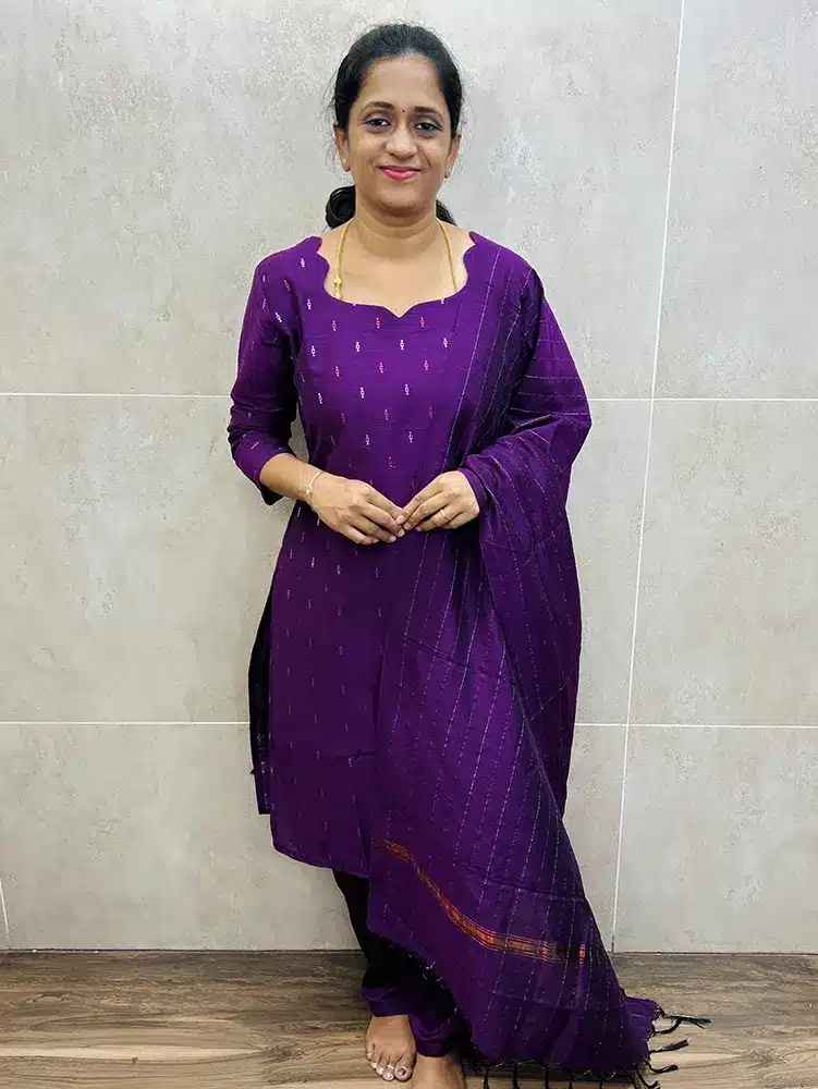 Premium semi raw silk top (cotton lining) with all over zari buttas paired with semi raw silk dupatta and silk cotton bottom (semi palazzo)