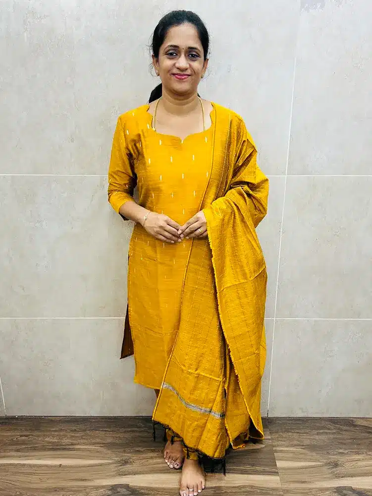 Premium semi raw silk top (cotton lining) with all over zari buttas paired with semi raw silk dupatta and silk cotton bottom (semi palazzo)