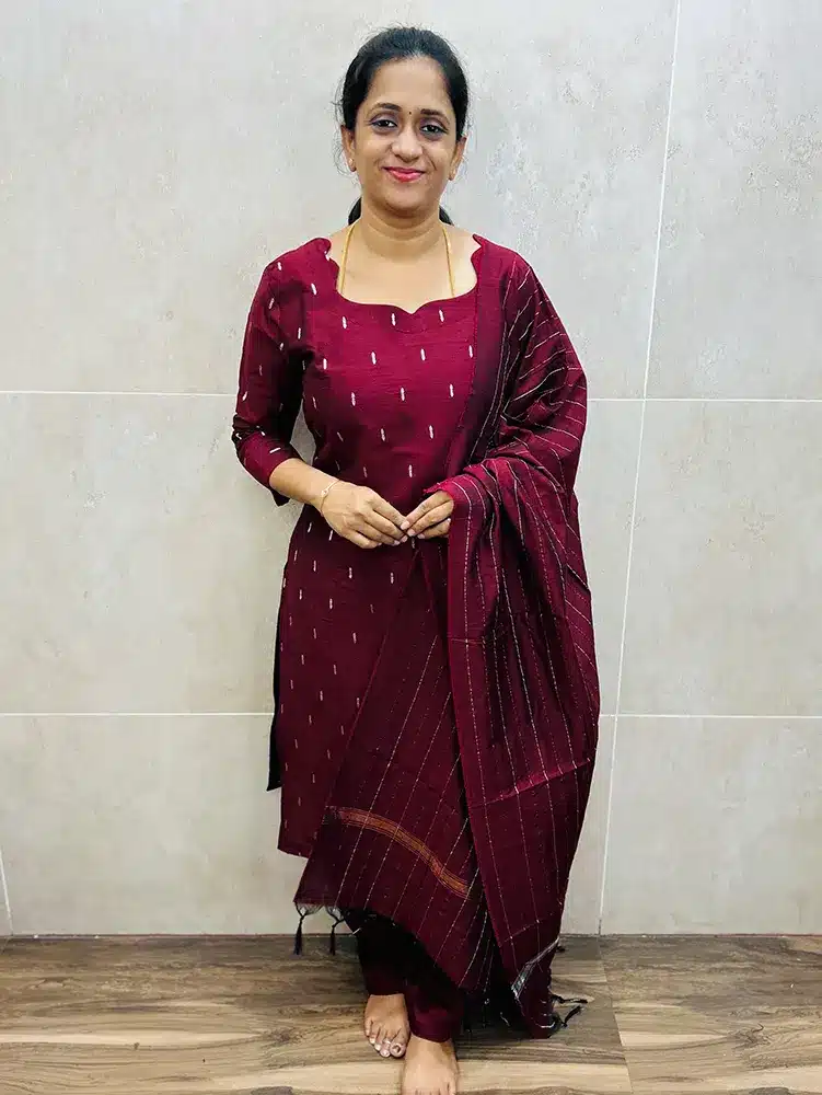 Premium semi raw silk top (cotton lining) with all over zari buttas paired with semi raw silk dupatta and silk cotton bottom (semi palazzo)