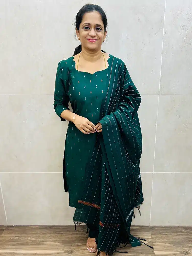 Premium semi raw silk top (cotton lining) with all over zari buttas paired with semi raw silk dupatta and silk cotton bottom (semi palazzo)