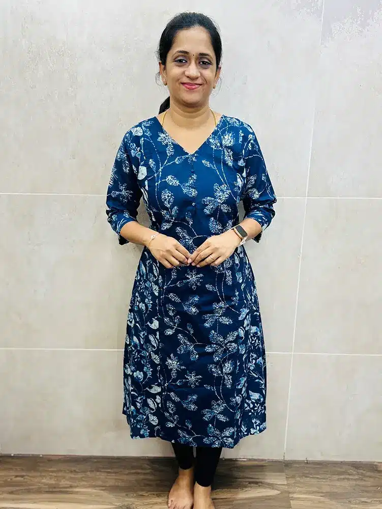 Pattern 3 - Indigo dyed Jaipur cotton top (cotton lining) with Potli work on yoke (straight cut)