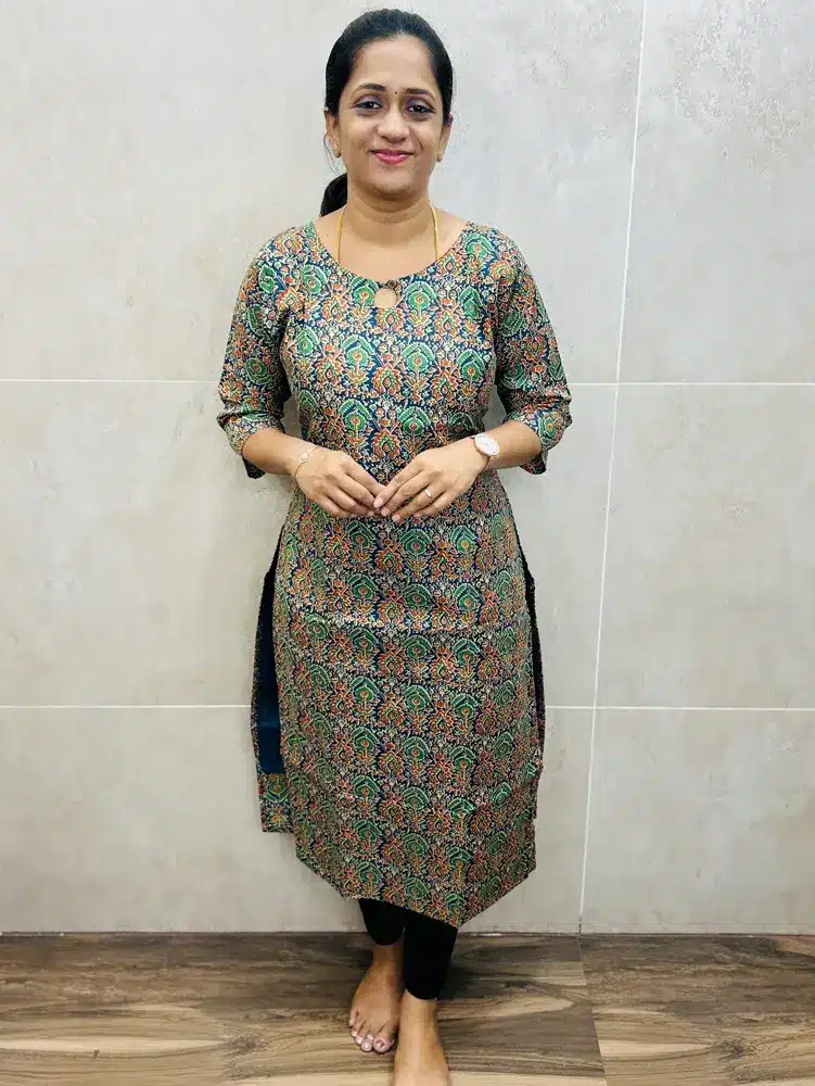 (Indigo blue)kalamkari printed soft silk top(cotton lining) with fancy button in yoke(straight cut)