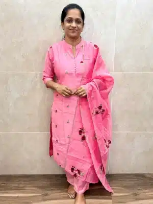 Premium silk cotton top (crepe lining) with all over embroidery paired with embroidered soft Kota dupatta and silk bottom (straight cut)