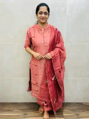 Premium silk cotton top (crepe lining) with all over embroidery paired with embroidered soft Kota dupatta and silk bottom (straight cut)