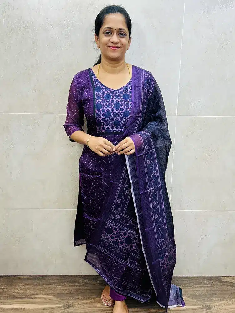 Printed Kota top (crepe lining) paired with printed Kota dupatta and silk bottom (straight cut)