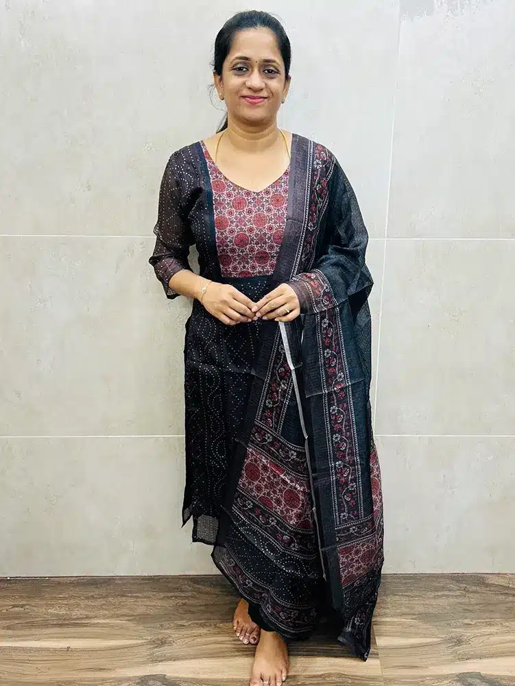 Printed Kota top (crepe lining) paired with printed Kota dupatta and silk bottom (straight cut)