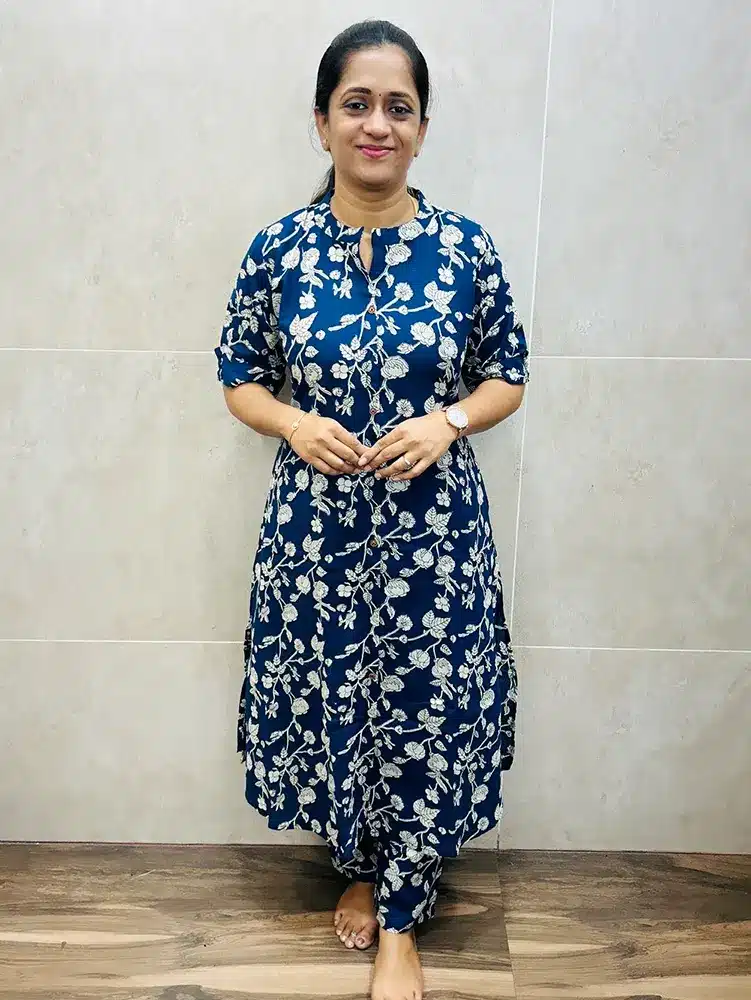 Printed Jaipur cotton top (Aline pattern) with all over fancy buttons paired with Jaipur cotton bottom (semi parallels)