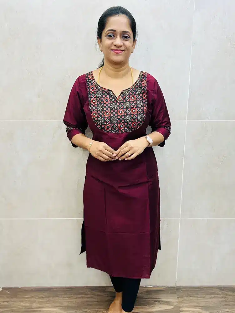 Maroon - Premium silk cotton top (cotton lining) with handworked Ajrakh patchwork on yoke (straight cut)